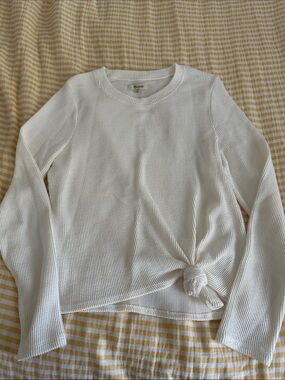 Madewell Cream Ribbed Crewneck Sweater with Front Knot